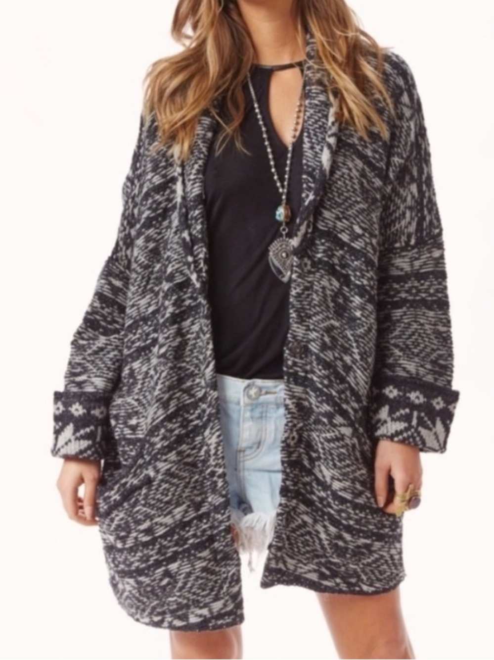 Free People Hidden Snowflake Inside Out Cardigan Jacket • Wool Blend • Oversized - Picture 5 of 16